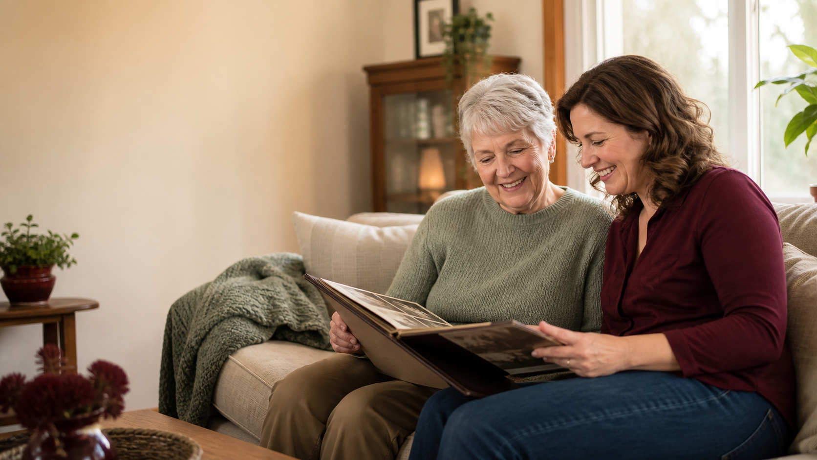 An older adult and caregiver sharing a photo album together in a warm home